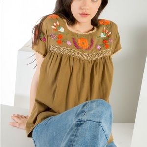 THML Embroidered hippie top olive green